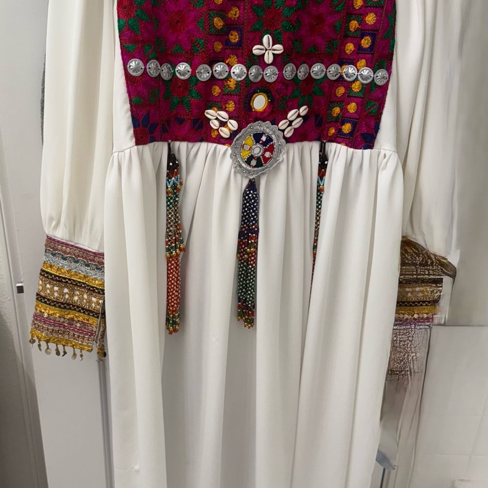 H&M Red and White Embellished Ruffled Long Sleeve Dress